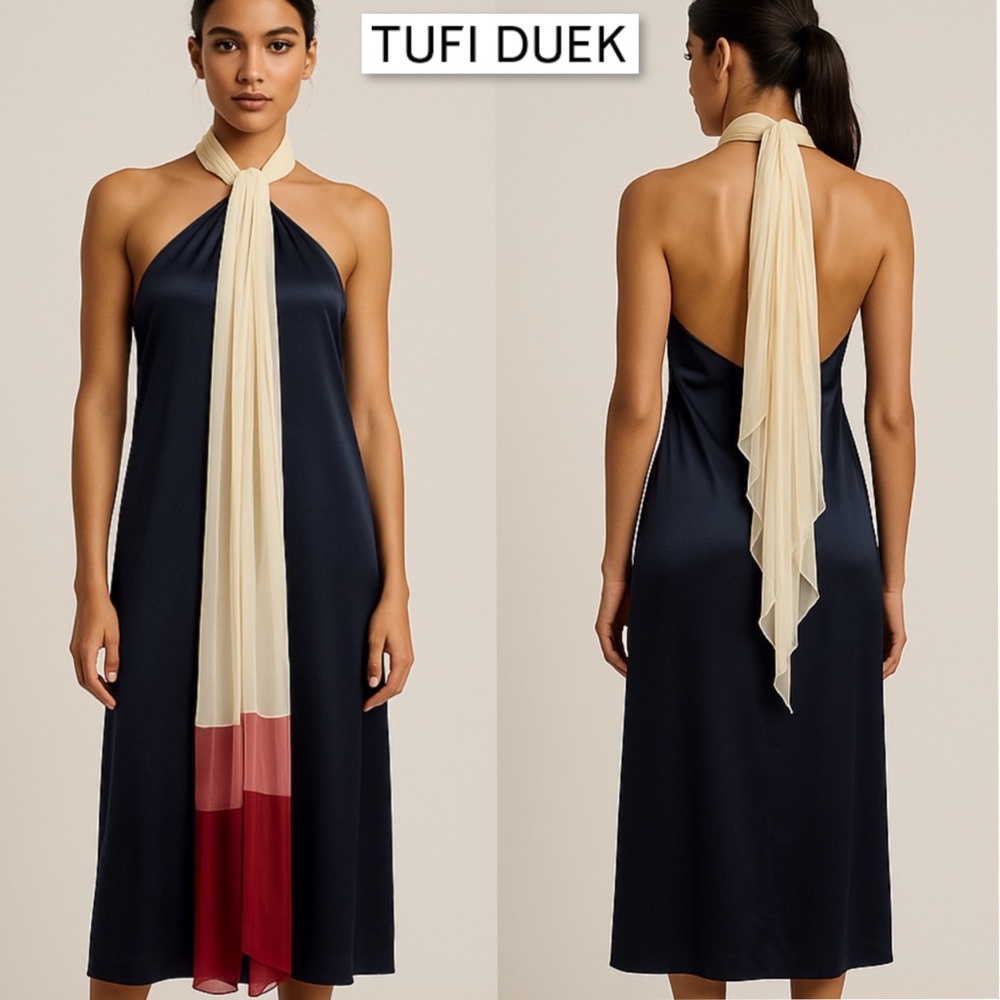 Tufi Duek 100% Silk Halter Strapless Dress Open Back Size 40 Pleated Panel